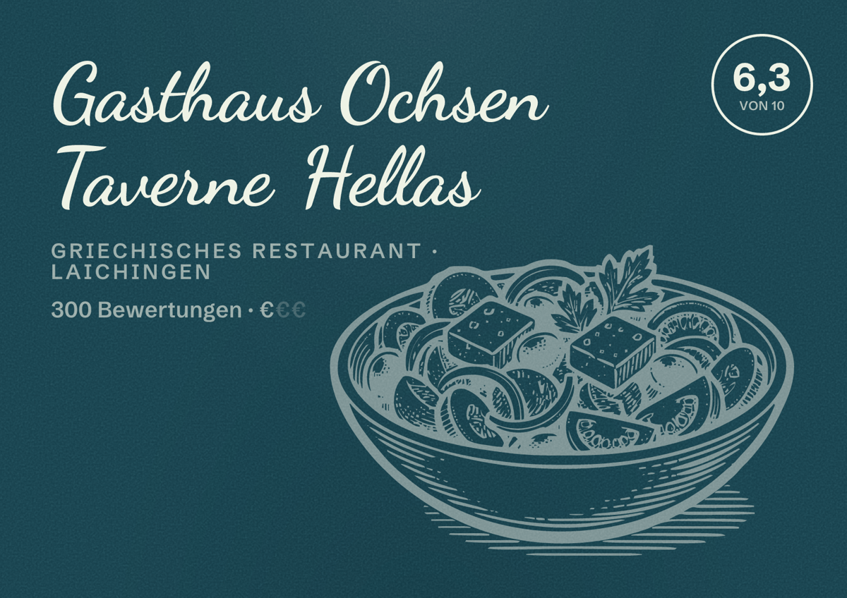 Illustriertes Poster von Gasthaus Ochsen Taverne Hellas, Griechisches Restaurant in Laichingen: Bewertung 6,3 von 10 aus 300 Bewertungen, Preisniveau €