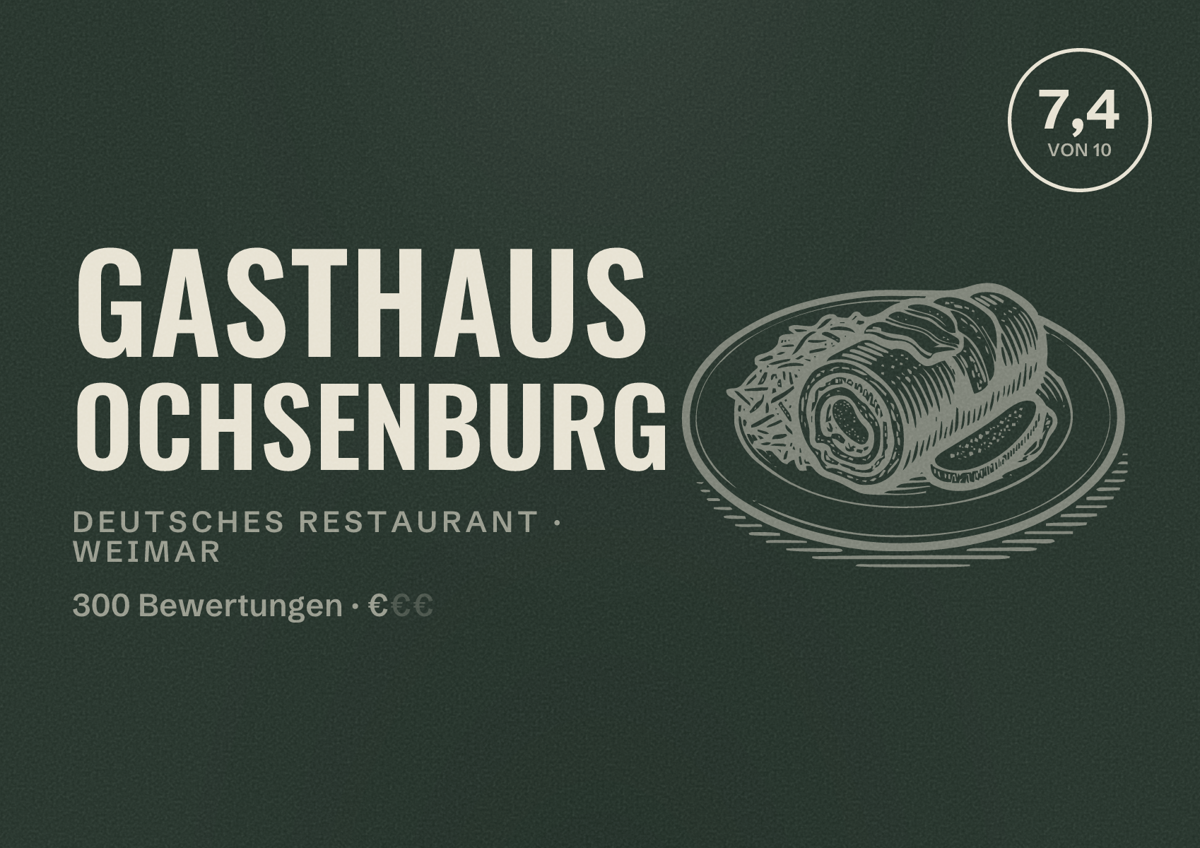 Illustriertes Poster von Gasthaus Ochsenburg, Deutsches Restaurant in Weimar: Bewertung 7,4 von 10 aus 300 Bewertungen, Preisniveau €