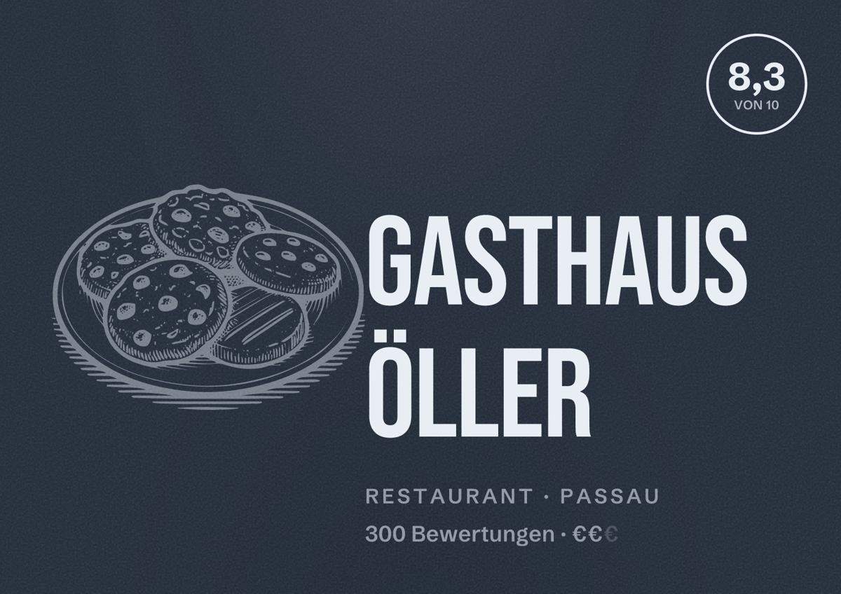 Illustriertes Poster von Gasthaus Öller, Restaurant in Passau: Bewertung 8,3 von 10 aus 300 Bewertungen, Preisniveau €€