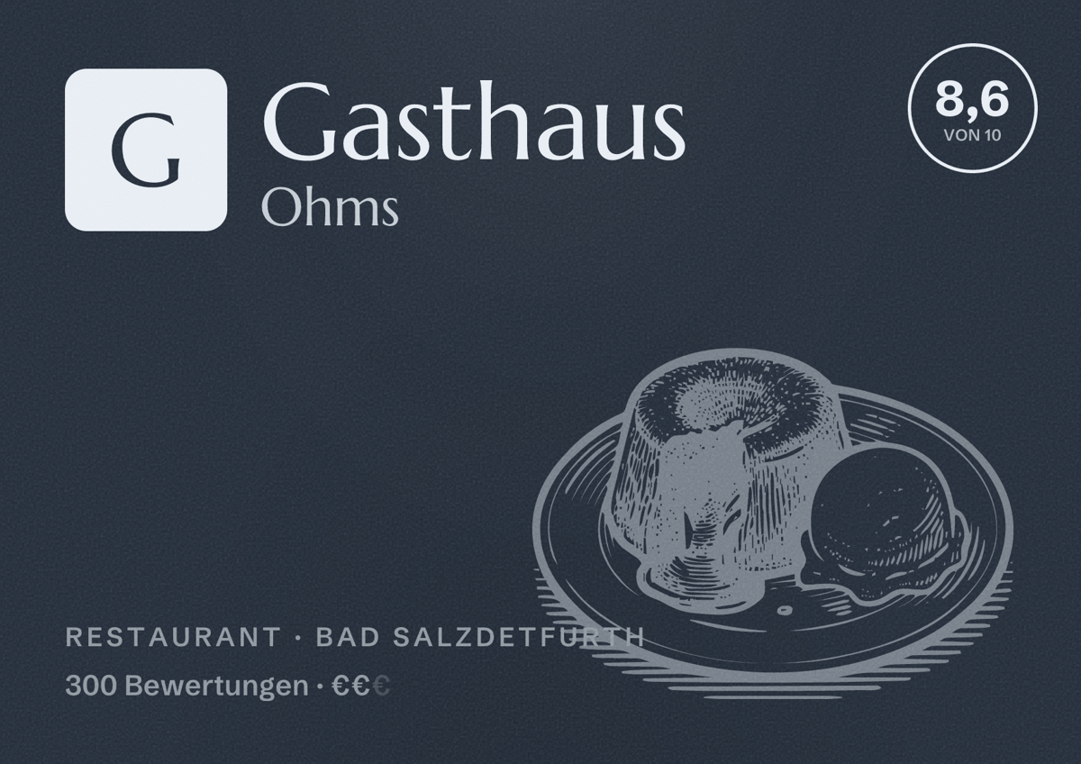 Illustriertes Poster von Gasthaus Ohms, Restaurant in Bad Salzdetfurth: Bewertung 8,6 von 10 aus 300 Bewertungen, Preisniveau €€