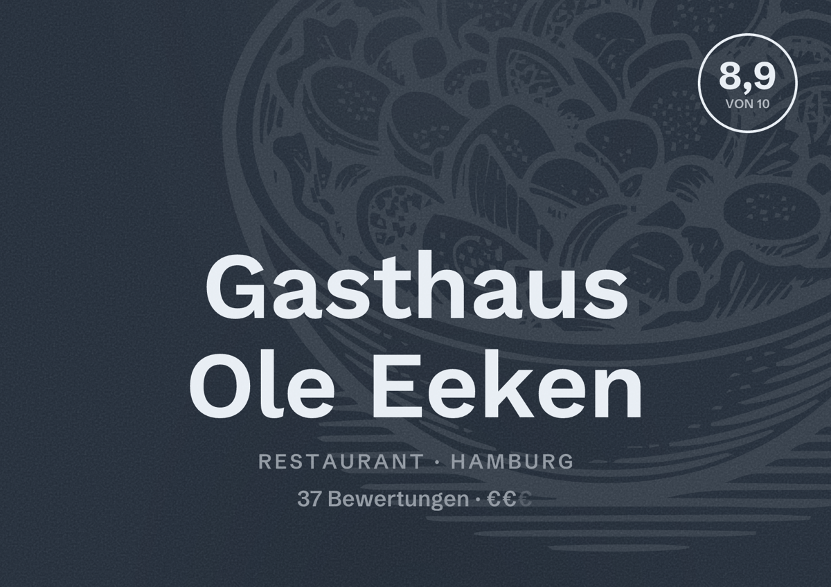Illustriertes Poster von Gasthaus Ole Eeken, Restaurant in Hamburg: Bewertung 8,9 von 10 aus 37 Bewertungen, Preisniveau €€