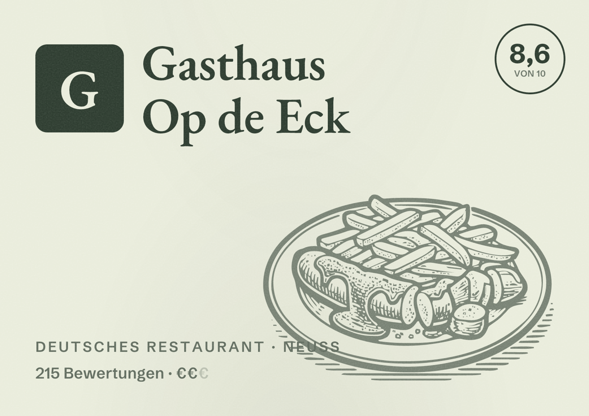 Illustriertes Poster von Gasthaus Op de Eck, Deutsches Restaurant in Neuss: Bewertung 8,6 von 10 aus 215 Bewertungen, Preisniveau €€