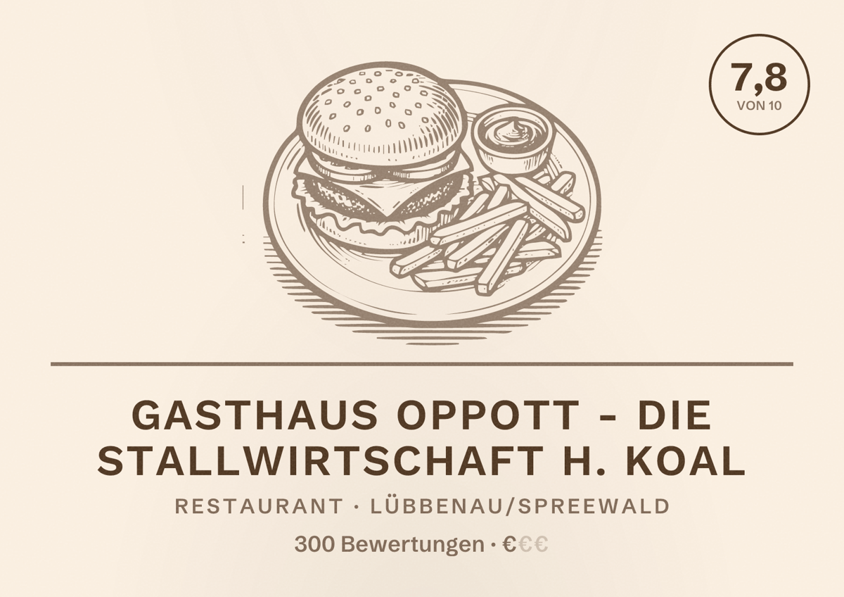 Illustriertes Poster von Gasthaus Oppott - die Stallwirtschaft H. Koal, Restaurant in Lübbenau/Spreewald: Bewertung 7,8 von 10 aus 300 Bewertungen, Preisniveau €
