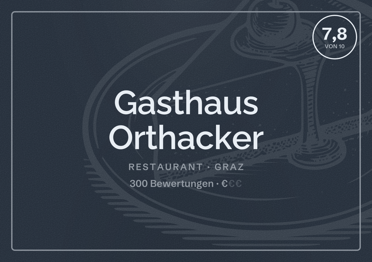 Illustriertes Poster von Gasthaus Orthacker, Restaurant in Graz: Bewertung 7,8 von 10 aus 300 Bewertungen, Preisniveau €