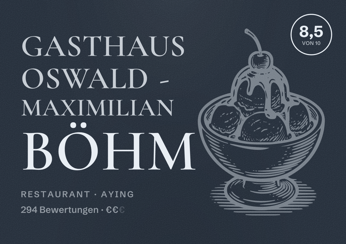 Illustriertes Poster von Gasthaus Oswald - Maximilian Böhm, Restaurant in Aying: Bewertung 8,5 von 10 aus 294 Bewertungen, Preisniveau €€