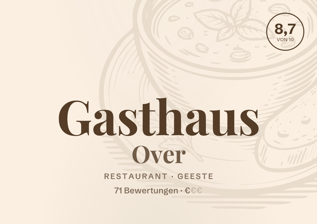 Illustriertes Poster von Gasthaus Over, Restaurant in Geeste: Bewertung 8,7 von 10 aus 71 Bewertungen, Preisniveau €