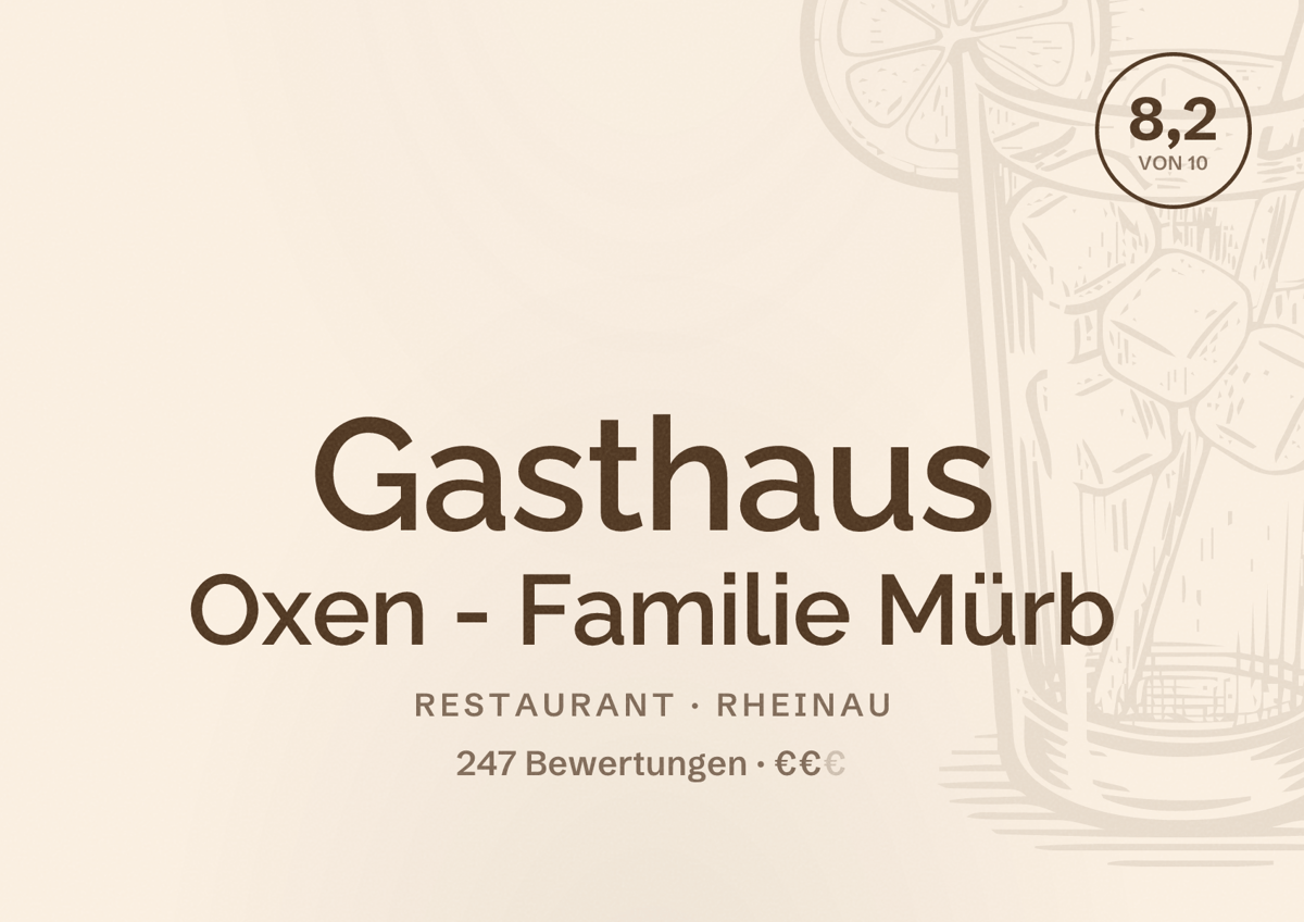 Illustriertes Poster von Gasthaus Oxen - Familie Mürb, Restaurant in Rheinau: Bewertung 8,2 von 10 aus 247 Bewertungen, Preisniveau €€