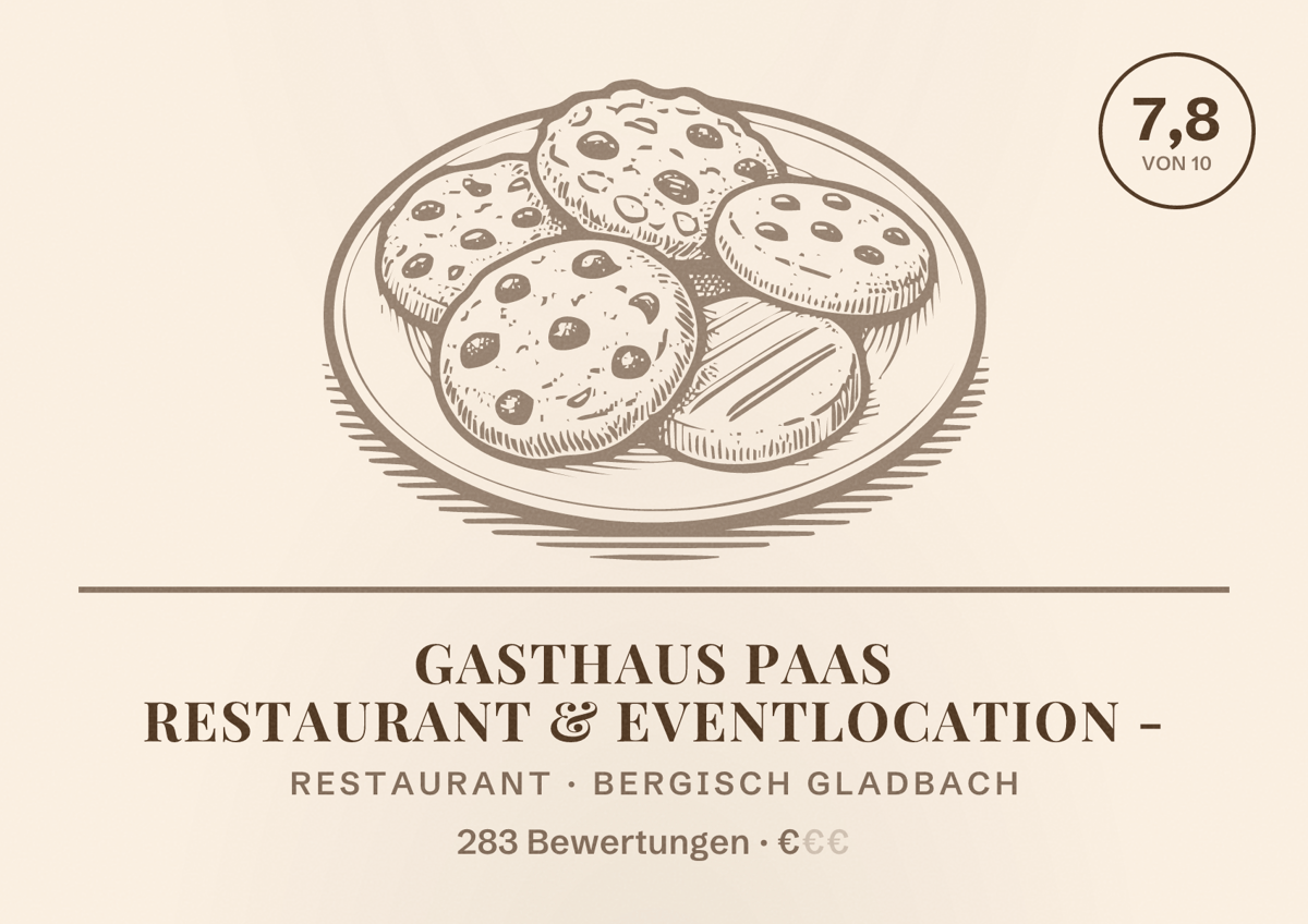 Illustriertes Poster von Gasthaus Paas Restaurant & Eventlocation -, Restaurant in Bergisch Gladbach: Bewertung 7,8 von 10 aus 283 Bewertungen, Preisniveau €
