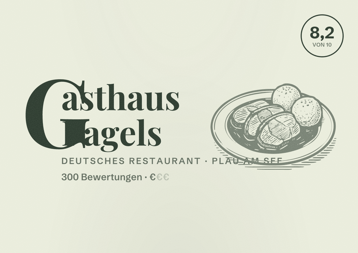 Illustriertes Poster von Gasthaus Pagels, Deutsches Restaurant in Plau am See: Bewertung 8,2 von 10 aus 300 Bewertungen, Preisniveau €