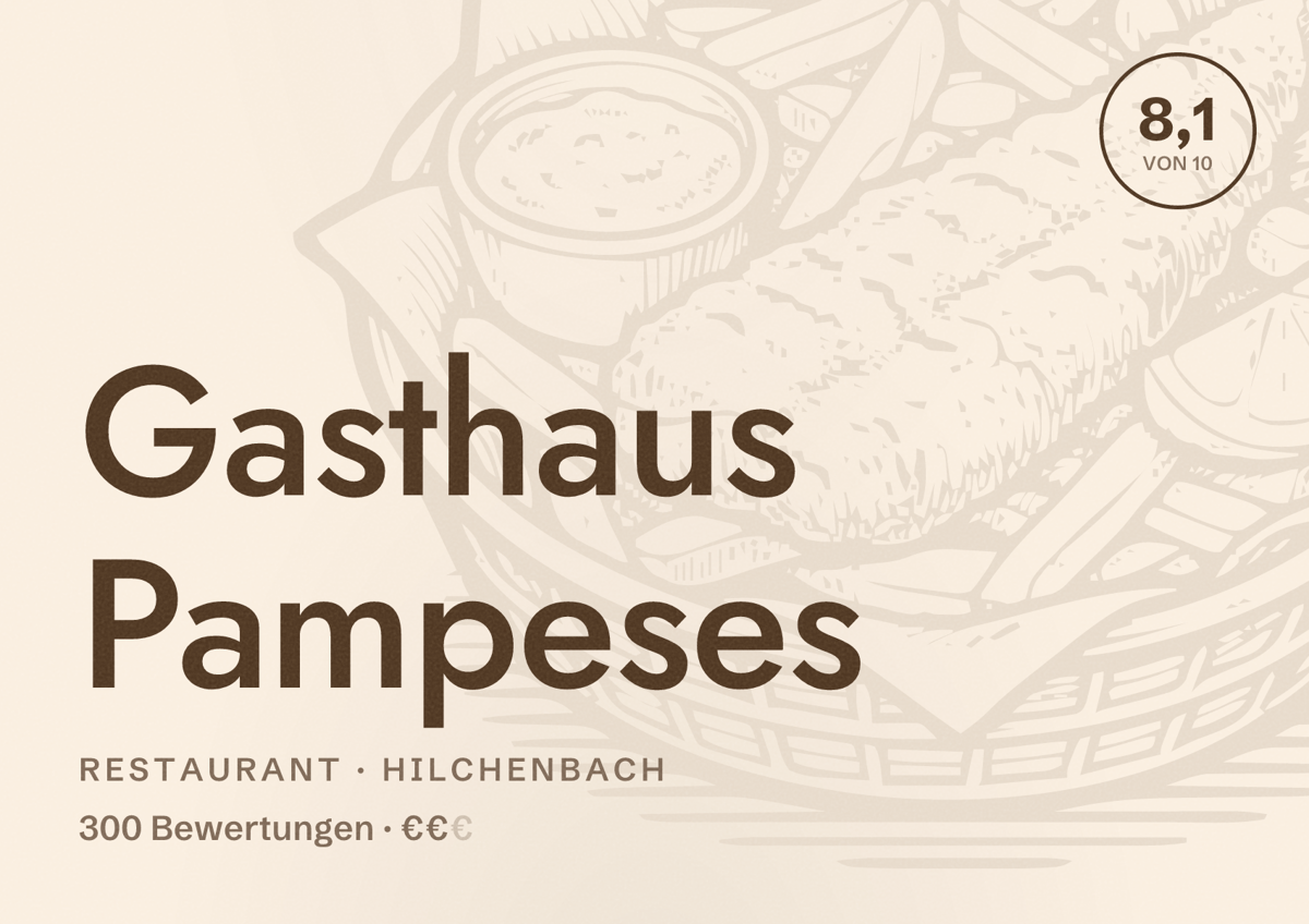 Illustriertes Poster von Gasthaus Pampeses, Restaurant in Hilchenbach: Bewertung 8,1 von 10 aus 300 Bewertungen, Preisniveau €€