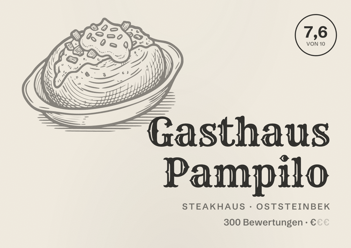 Illustriertes Poster von Gasthaus Pampilo, Steakhaus in Oststeinbek: Bewertung 7,6 von 10 aus 300 Bewertungen, Preisniveau €