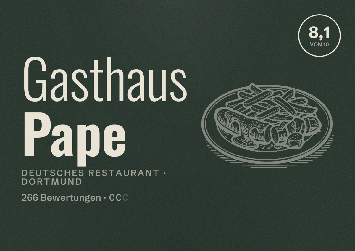 Illustriertes Poster von Gasthaus Pape, Deutsches Restaurant in Dortmund: Bewertung 8,1 von 10 aus 266 Bewertungen, Preisniveau €€
