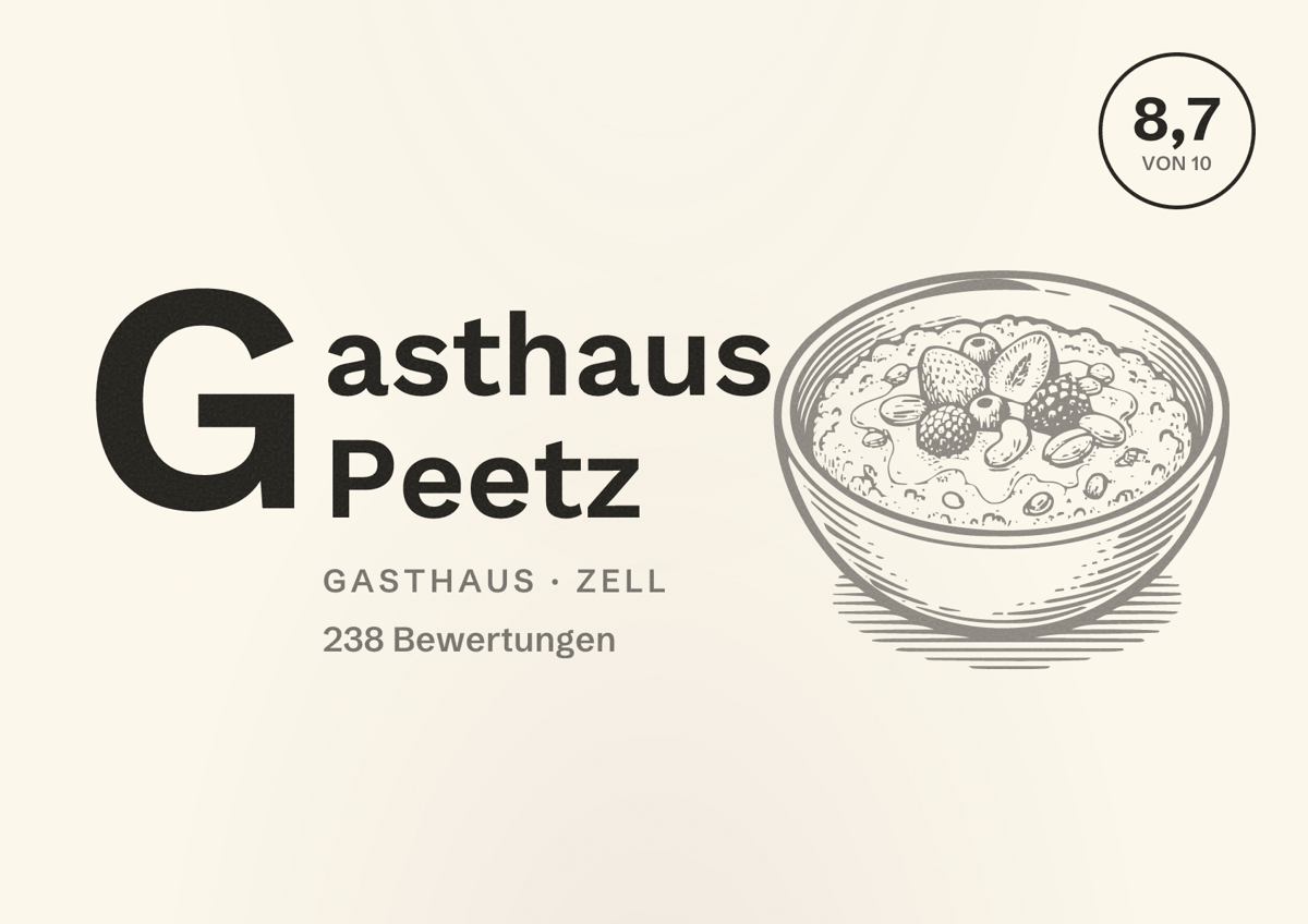 Illustriertes Poster von Gasthaus Peetz, Gasthaus in Zell: Bewertung 8,7 von 10 aus 238 Bewertungen