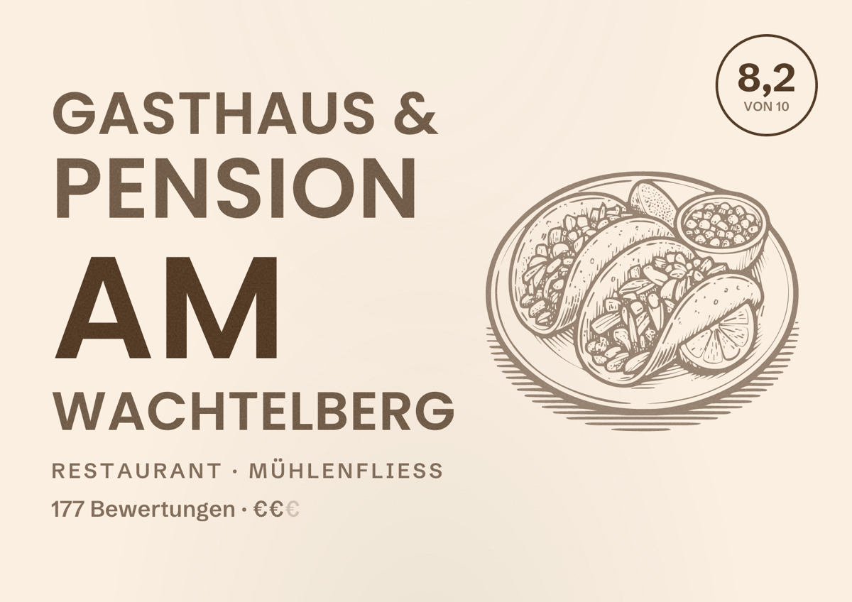 Illustriertes Poster von Gasthaus & Pension Am Wachtelberg, Restaurant in Mühlenfließ: Bewertung 8,2 von 10 aus 177 Bewertungen, Preisniveau €€