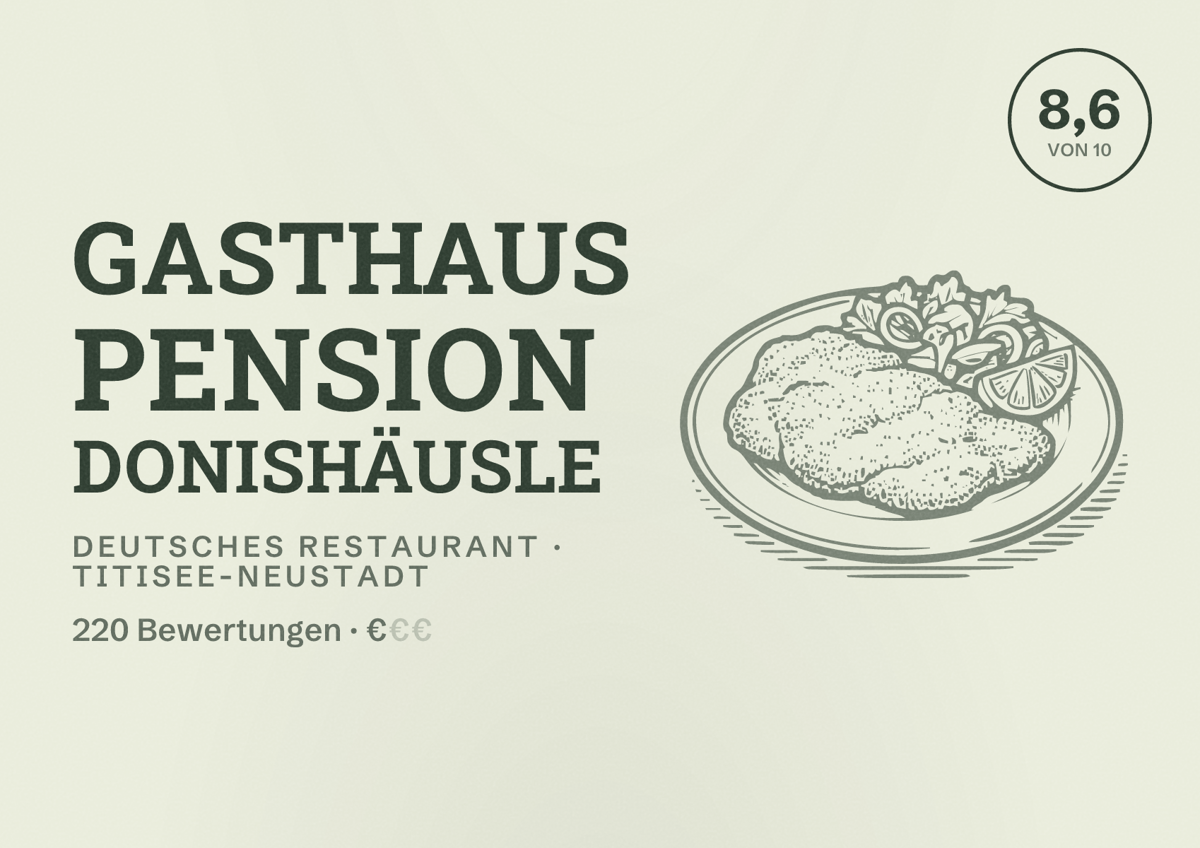 Illustriertes Poster von Gasthaus Pension Donishäusle, Deutsches Restaurant in Titisee-Neustadt: Bewertung 8,6 von 10 aus 220 Bewertungen, Preisniveau €
