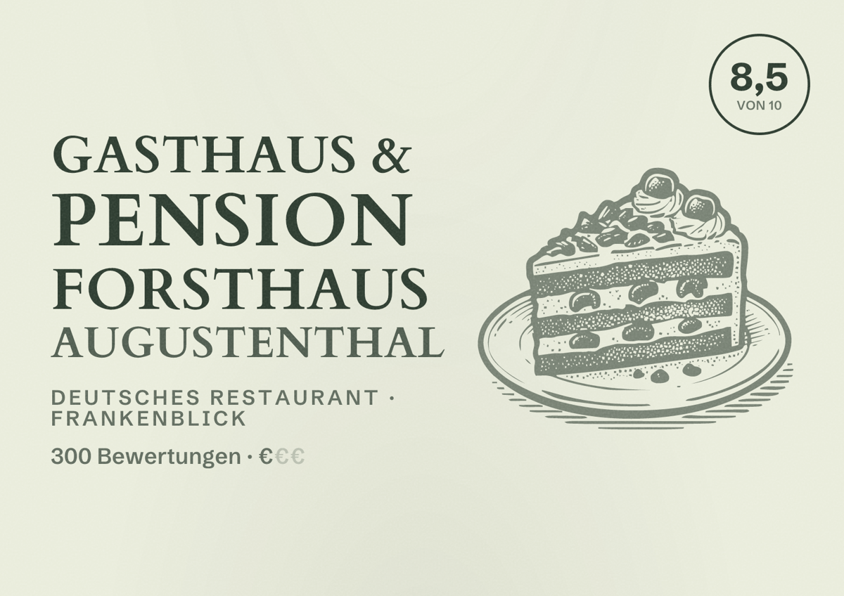 Illustriertes Poster von Gasthaus & Pension Forsthaus Augustenthal, Deutsches Restaurant in Frankenblick: Bewertung 8,5 von 10 aus 300 Bewertungen, Preisniveau €