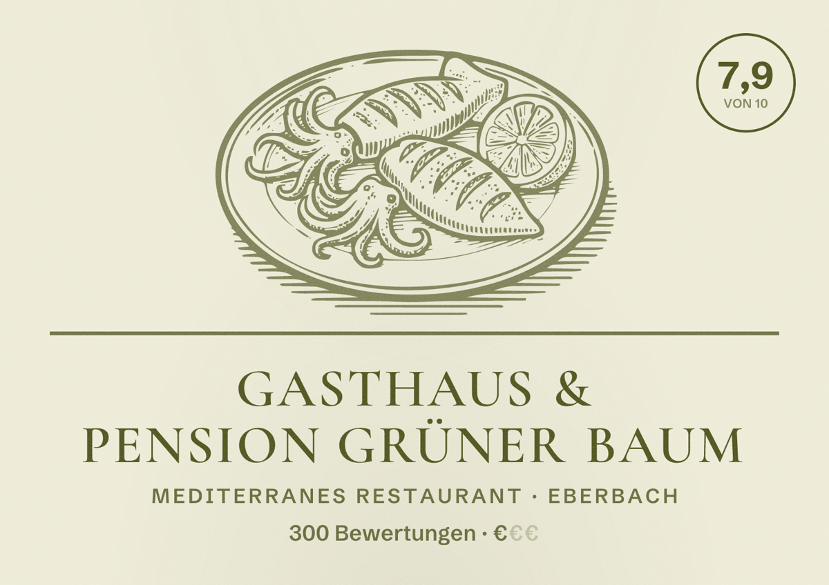 Illustriertes Poster von Gasthaus & Pension Grüner Baum, Mediterranes Restaurant in Eberbach: Bewertung 7,9 von 10 aus 300 Bewertungen, Preisniveau €