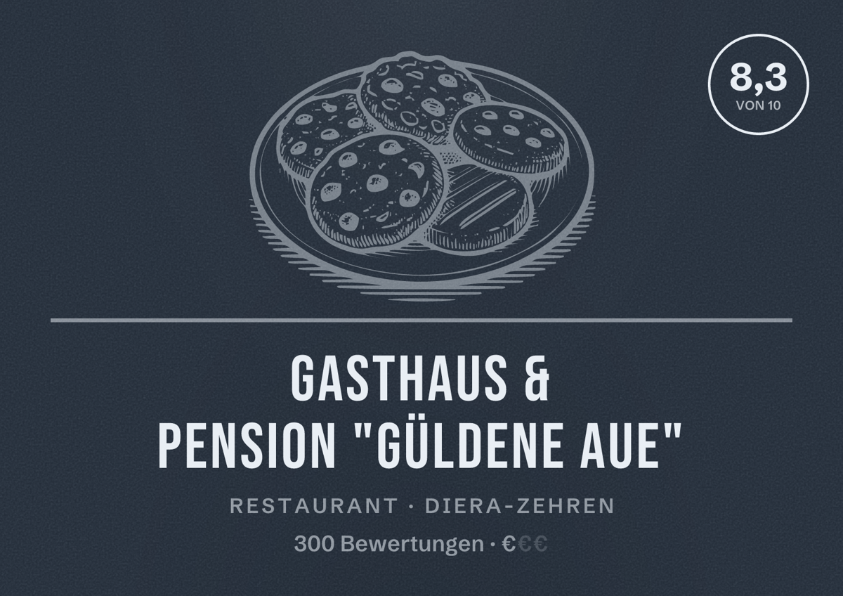 Illustriertes Poster von Gasthaus & Pension "Güldene Aue", Restaurant in Diera-Zehren: Bewertung 8,3 von 10 aus 300 Bewertungen, Preisniveau €