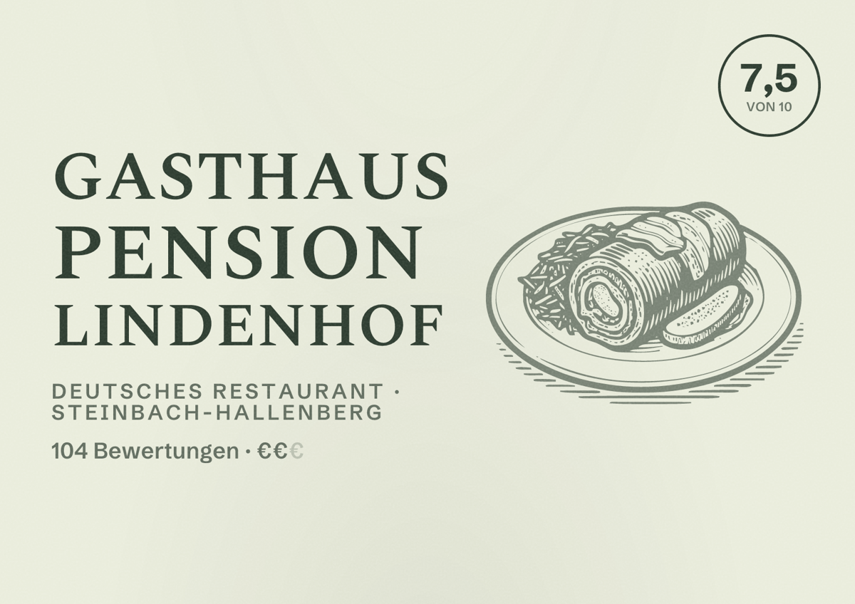 Illustriertes Poster von Gasthaus Pension Lindenhof, Deutsches Restaurant in Steinbach-Hallenberg: Bewertung 7,5 von 10 aus 104 Bewertungen, Preisniveau €€