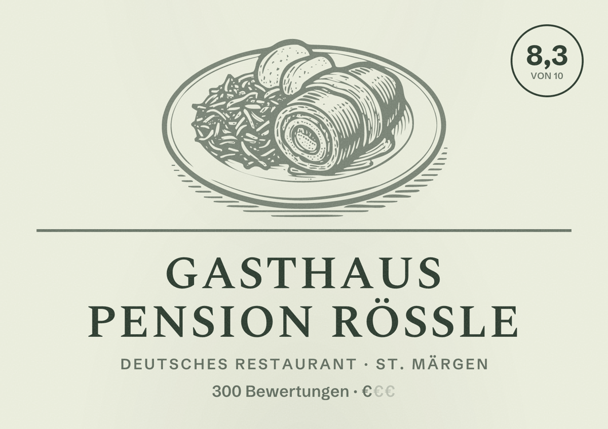Illustriertes Poster von Gasthaus Pension Rößle, Deutsches Restaurant in St. Märgen: Bewertung 8,3 von 10 aus 300 Bewertungen, Preisniveau €