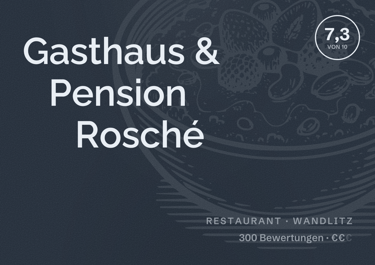 Illustriertes Poster von Gasthaus & Pension Rosché, Restaurant in Wandlitz: Bewertung 7,3 von 10 aus 300 Bewertungen, Preisniveau €€
