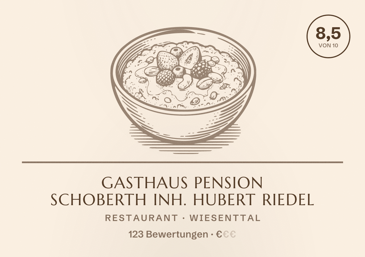 Illustriertes Poster von Gasthaus Pension Schoberth Inh. Hubert Riedel, Restaurant in Wiesenttal: Bewertung 8,5 von 10 aus 123 Bewertungen, Preisniveau €