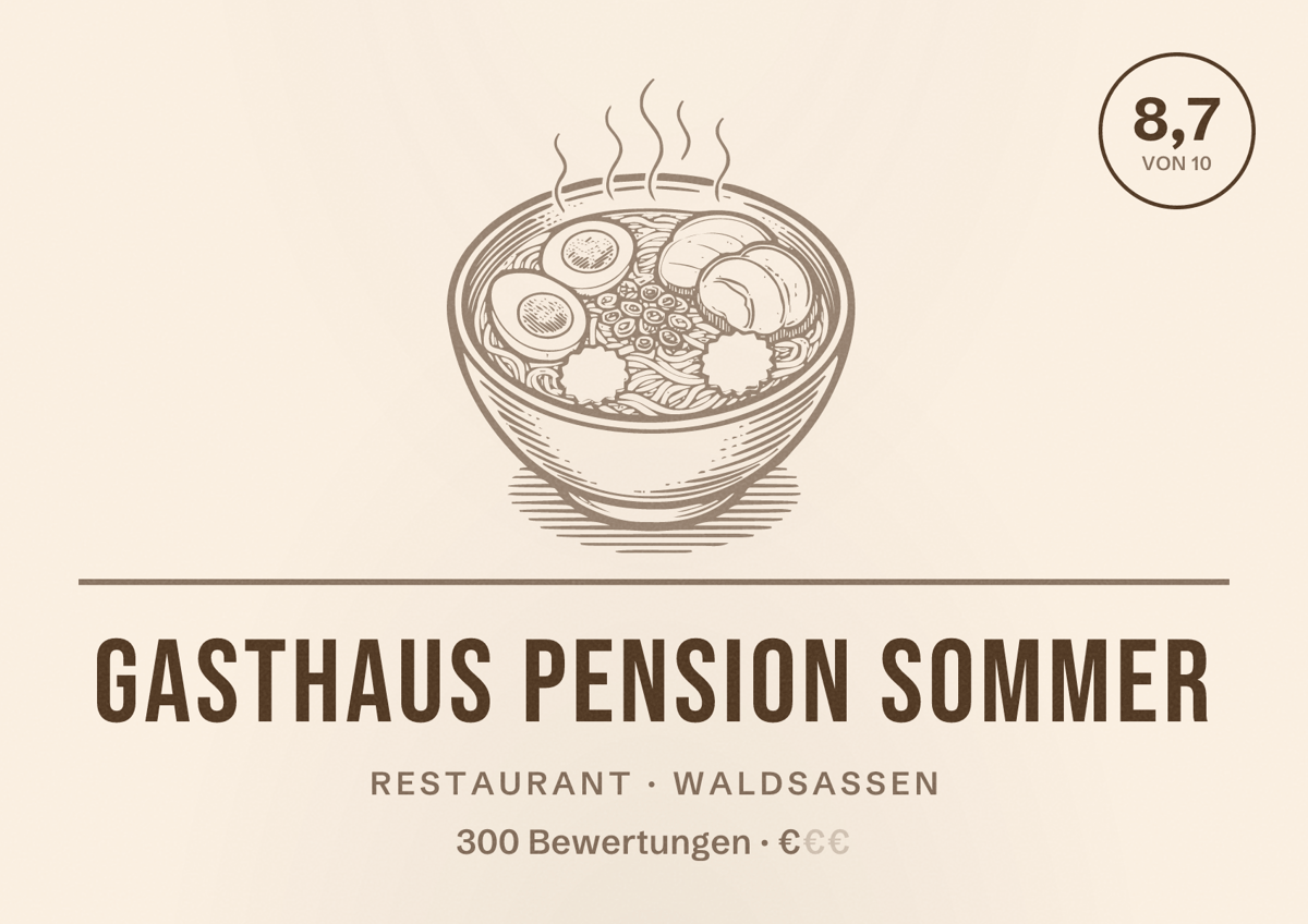 Illustriertes Poster von Gasthaus Pension Sommer, Restaurant in Waldsassen: Bewertung 8,7 von 10 aus 300 Bewertungen, Preisniveau €