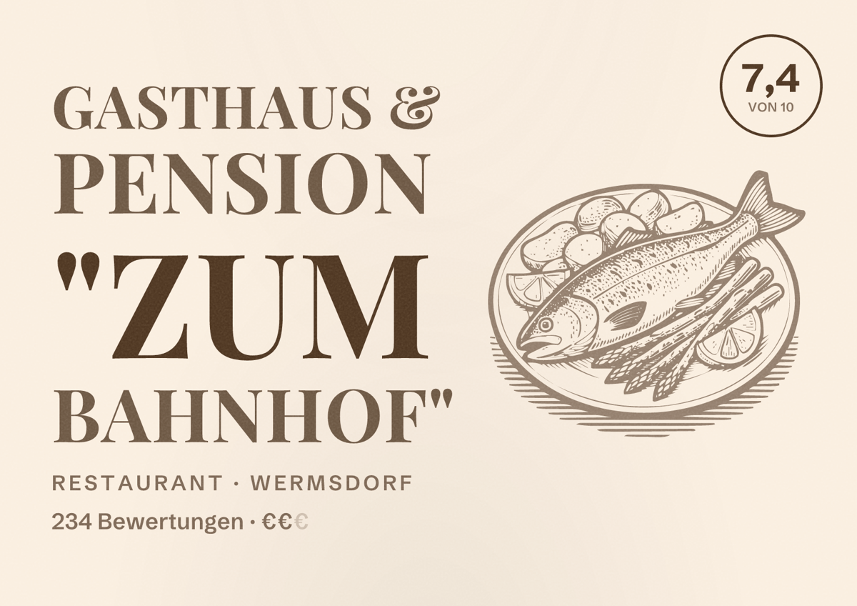 Illustriertes Poster von Gasthaus & Pension "Zum Bahnhof", Restaurant in Wermsdorf: Bewertung 7,4 von 10 aus 234 Bewertungen, Preisniveau €€