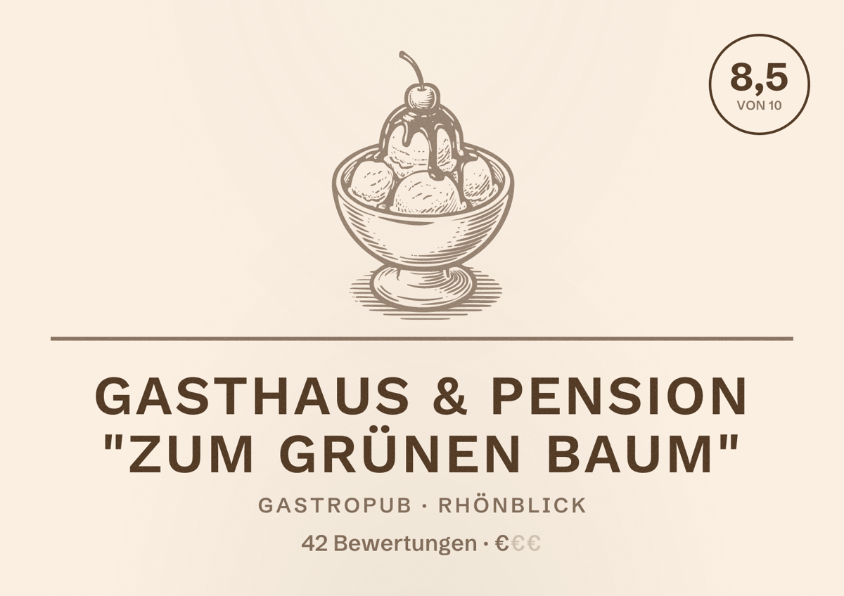 Illustriertes Poster von Gasthaus & Pension "Zum grünen Baum", Gastropub in Rhönblick: Bewertung 8,5 von 10 aus 42 Bewertungen, Preisniveau €