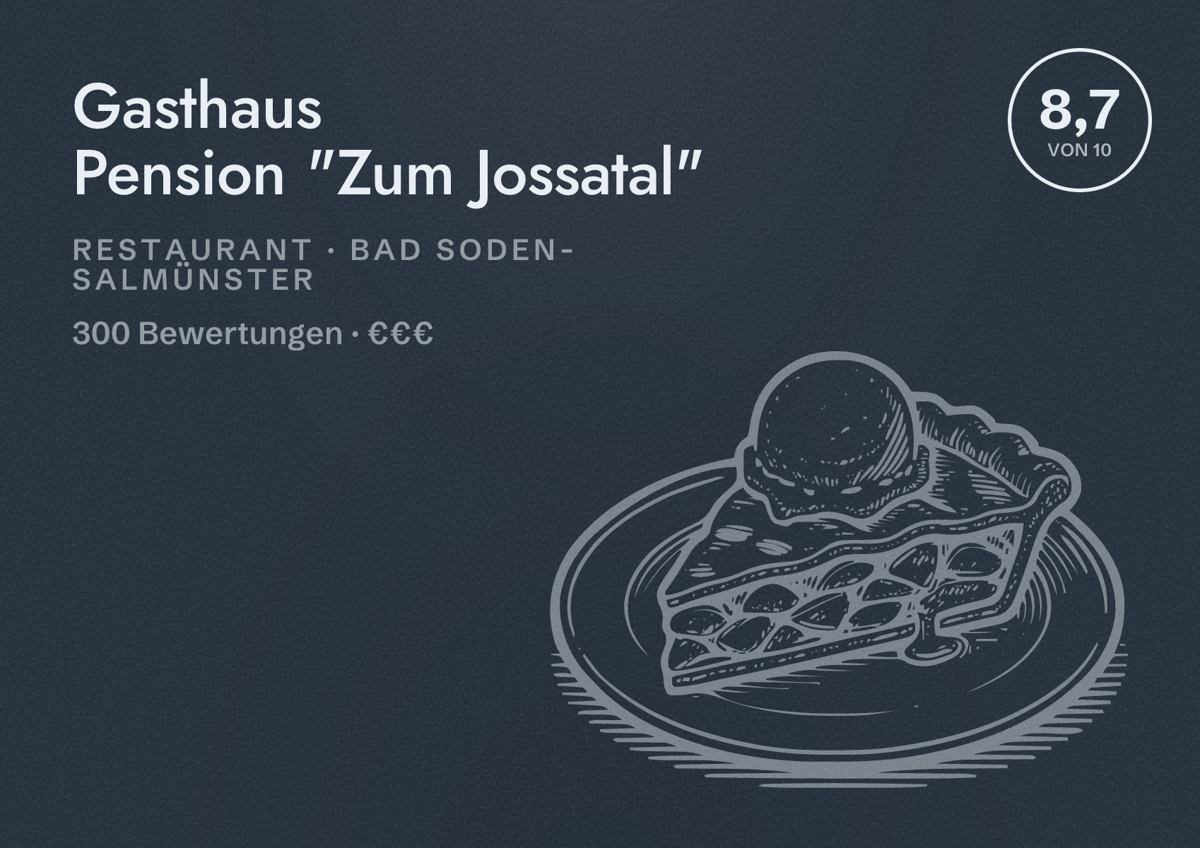 Illustriertes Poster von Gasthaus Pension "Zum Jossatal", Restaurant in Bad Soden-Salmünster: Bewertung 8,7 von 10 aus 300 Bewertungen, Preisniveau €€€