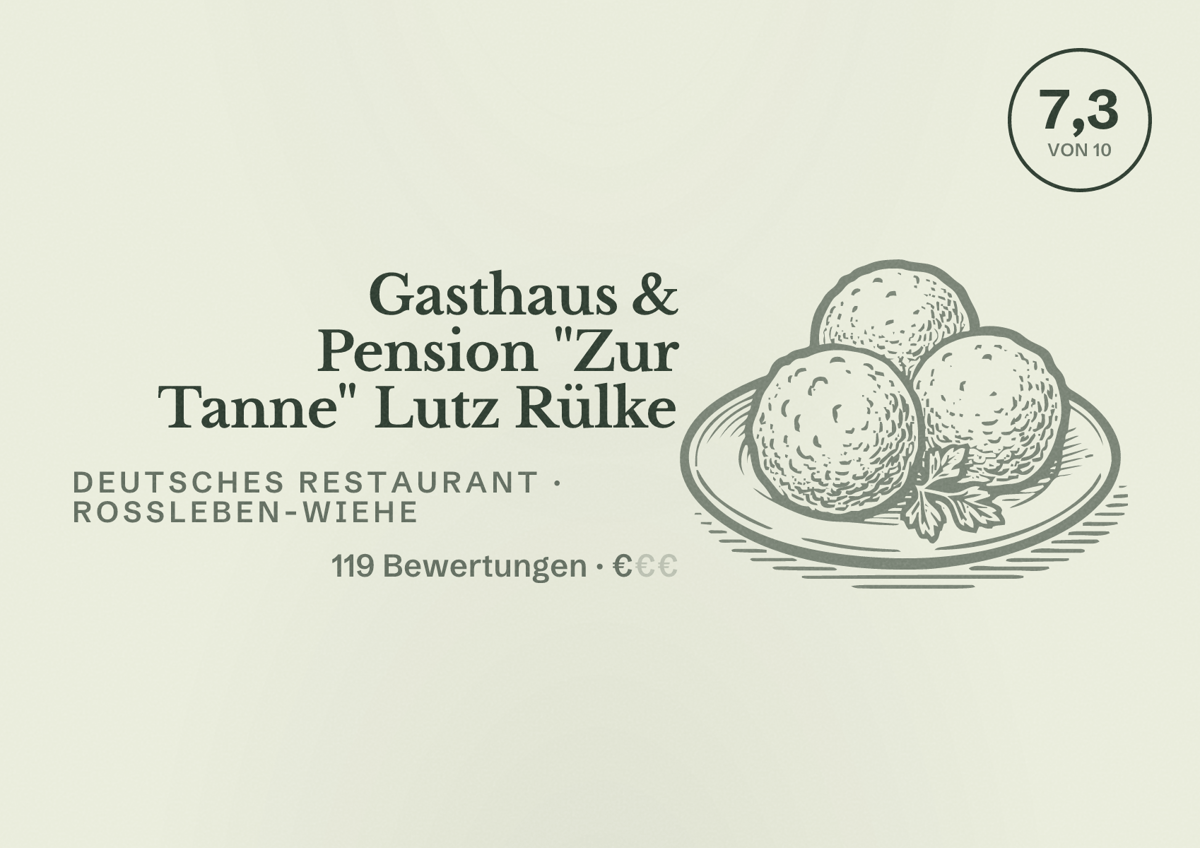 Illustriertes Poster von Gasthaus & Pension "Zur Tanne" Lutz Rülke, Deutsches Restaurant in Roßleben-Wiehe: Bewertung 7,3 von 10 aus 119 Bewertungen, Preisniveau €