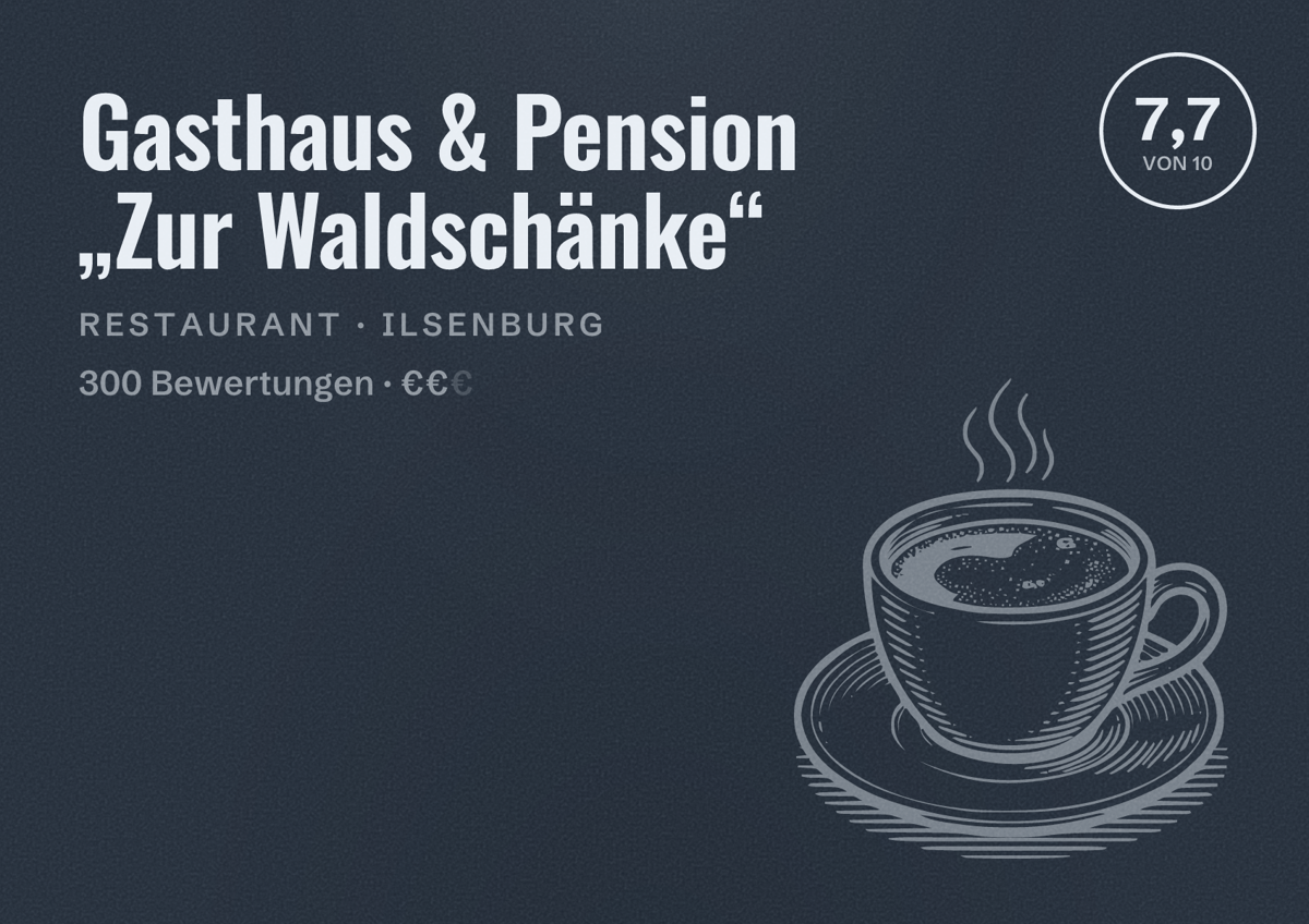 Illustriertes Poster von Gasthaus & Pension „Zur Waldschänke“, Restaurant in Ilsenburg: Bewertung 7,7 von 10 aus 300 Bewertungen, Preisniveau €€