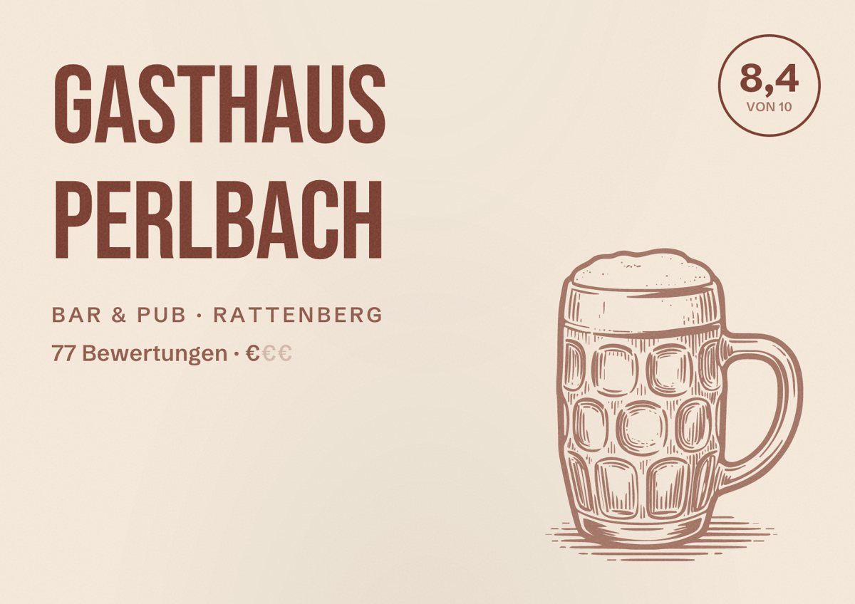 Illustriertes Poster von Gasthaus Perlbach, Bar & Pub in Rattenberg: Bewertung 8,4 von 10 aus 77 Bewertungen, Preisniveau €