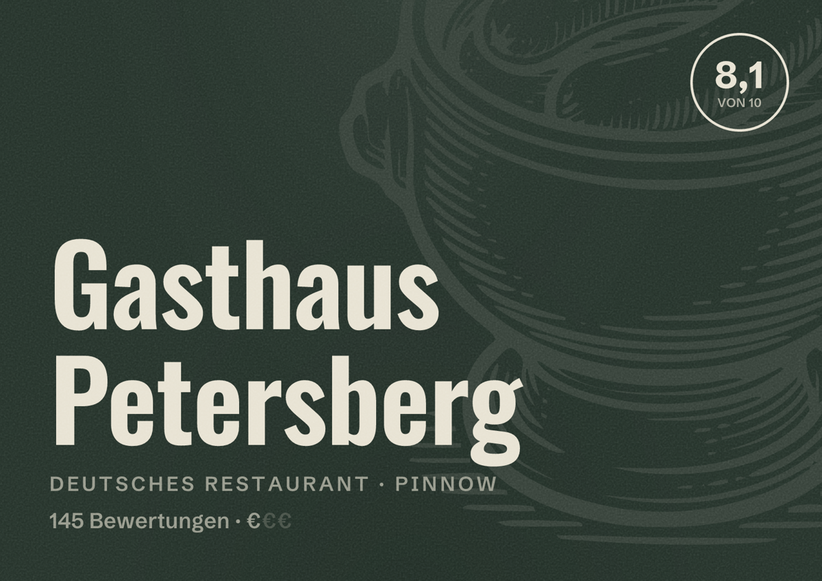 Illustriertes Poster von Gasthaus Petersberg, Deutsches Restaurant in Pinnow: Bewertung 8,1 von 10 aus 145 Bewertungen, Preisniveau €