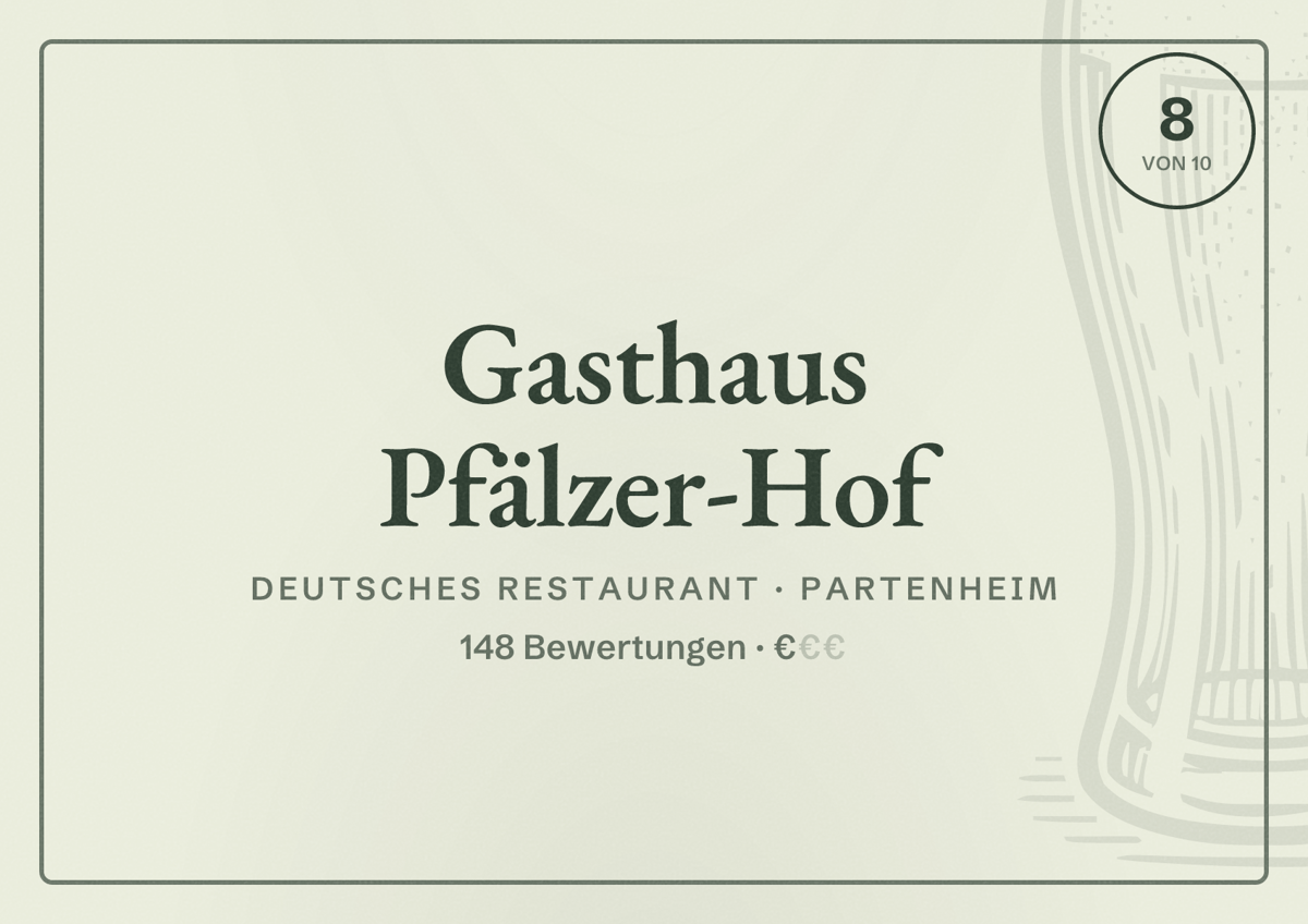Illustriertes Poster von Gasthaus Pfälzer-Hof, Deutsches Restaurant in Partenheim: Bewertung 8 von 10 aus 148 Bewertungen, Preisniveau €