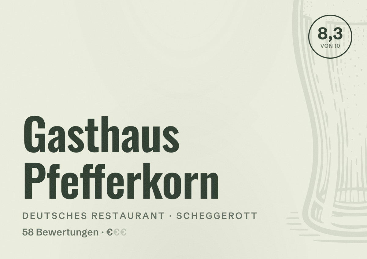 Illustriertes Poster von Gasthaus Pfefferkorn, Deutsches Restaurant in Scheggerott: Bewertung 8,3 von 10 aus 58 Bewertungen, Preisniveau €