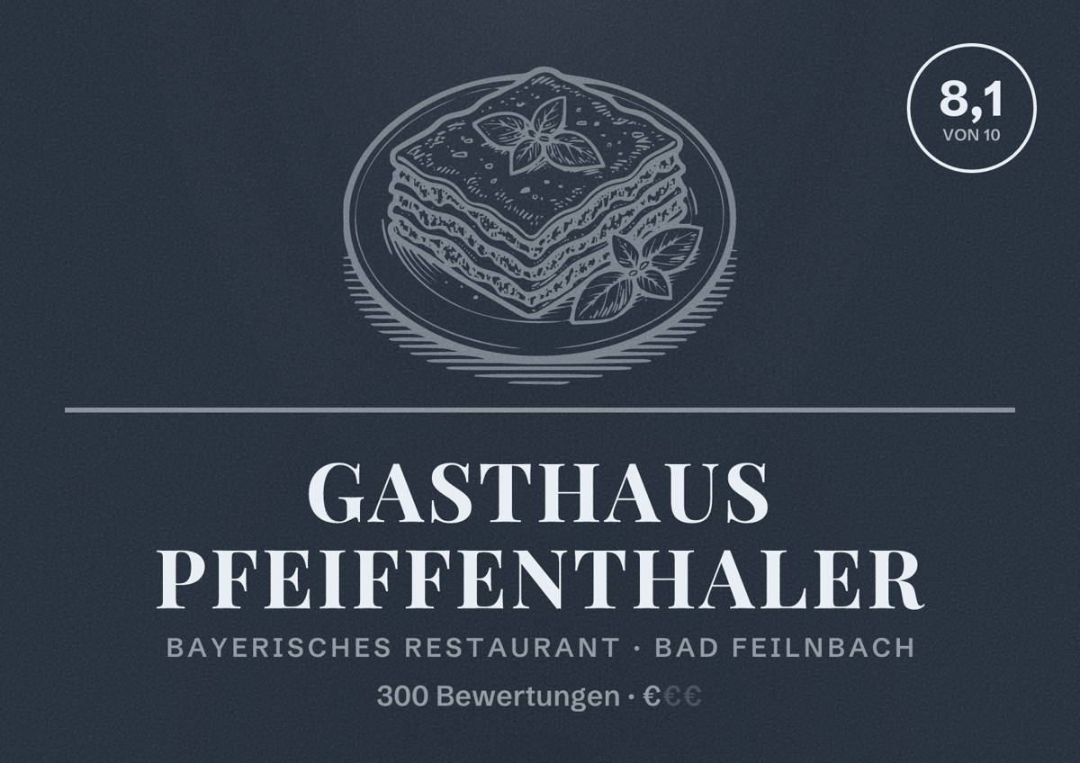 Illustriertes Poster von Gasthaus Pfeiffenthaler, Bayerisches Restaurant in Bad Feilnbach: Bewertung 8,1 von 10 aus 300 Bewertungen, Preisniveau €