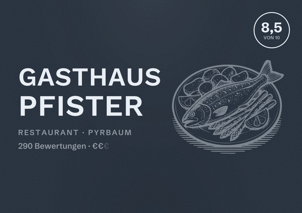 Illustriertes Poster von Gasthaus Pfister, Restaurant in Pyrbaum: Bewertung 8,5 von 10 aus 290 Bewertungen, Preisniveau €€