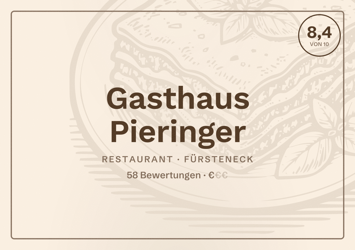 Illustriertes Poster von Gasthaus Pieringer, Restaurant in Fürsteneck: Bewertung 8,4 von 10 aus 58 Bewertungen, Preisniveau €