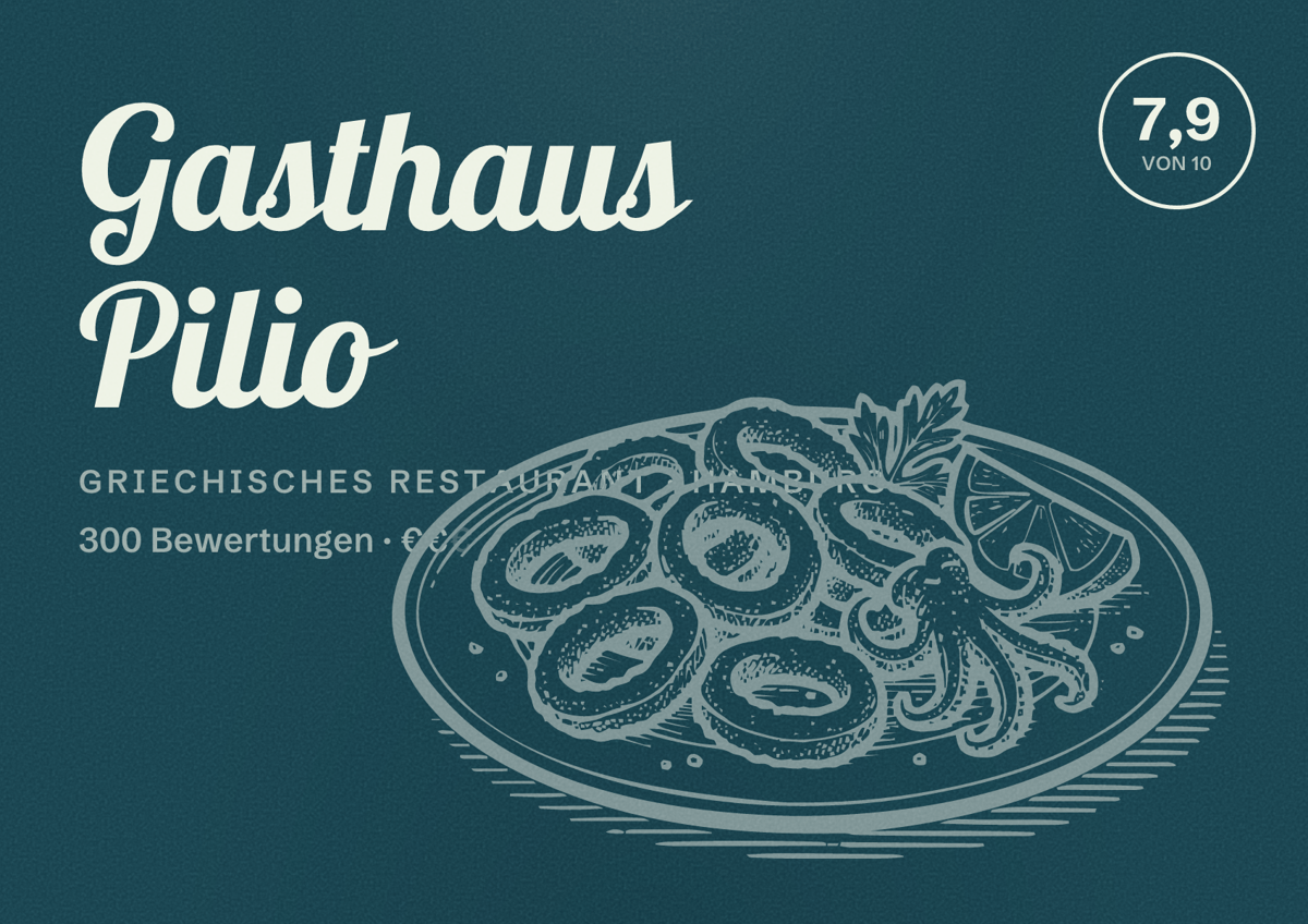 Illustriertes Poster von Gasthaus Pilio, Griechisches Restaurant in Hamburg: Bewertung 7,9 von 10 aus 300 Bewertungen, Preisniveau €€