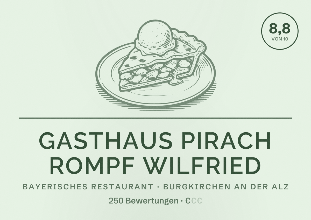 Illustriertes Poster von Gasthaus Pirach Rompf Wilfried, Bayerisches Restaurant in Burgkirchen an der Alz: Bewertung 8,8 von 10 aus 250 Bewertungen, Preisniveau €