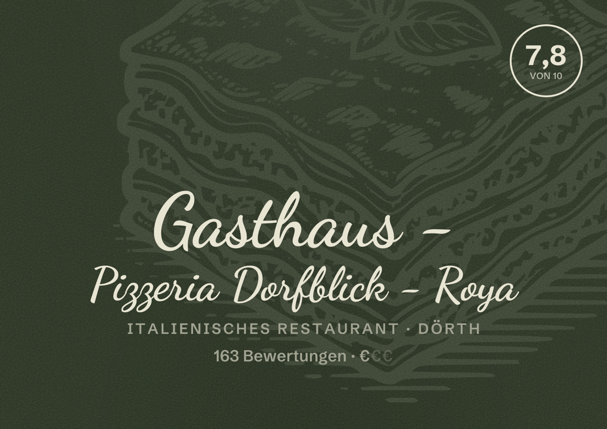 Illustriertes Poster von Gasthaus - Pizzeria Dorfblick - Roya, Italienisches Restaurant in Dörth: Bewertung 7,8 von 10 aus 163 Bewertungen, Preisniveau €