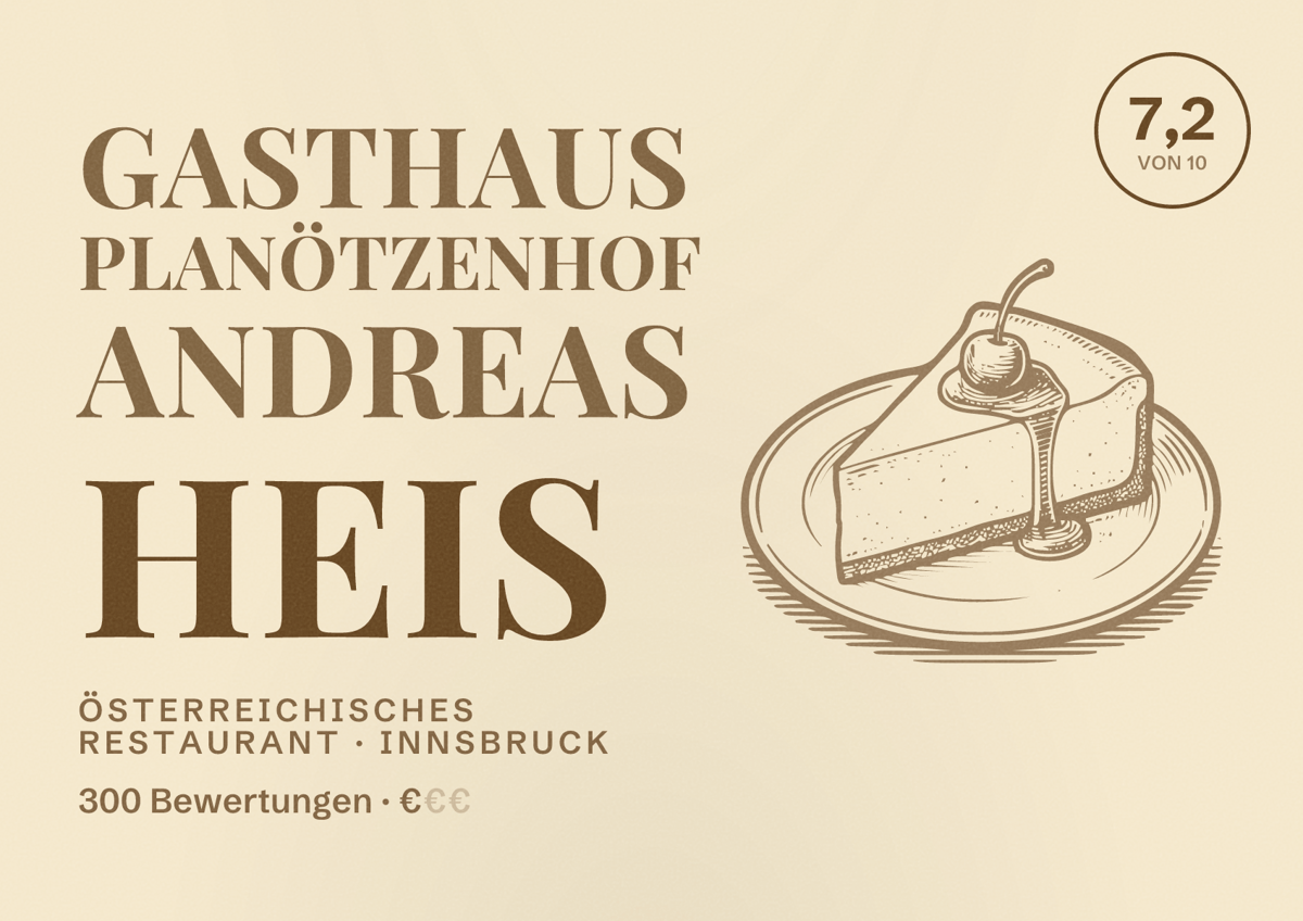 Illustriertes Poster von Gasthaus Planötzenhof Andreas Heis, Österreichisches Restaurant in Innsbruck: Bewertung 7,2 von 10 aus 300 Bewertungen, Preisniveau €