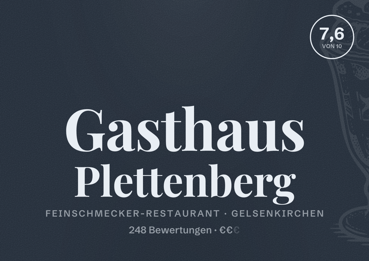 Illustriertes Poster von Gasthaus Plettenberg, Feinschmecker-Restaurant in Gelsenkirchen: Bewertung 7,6 von 10 aus 248 Bewertungen, Preisniveau €€