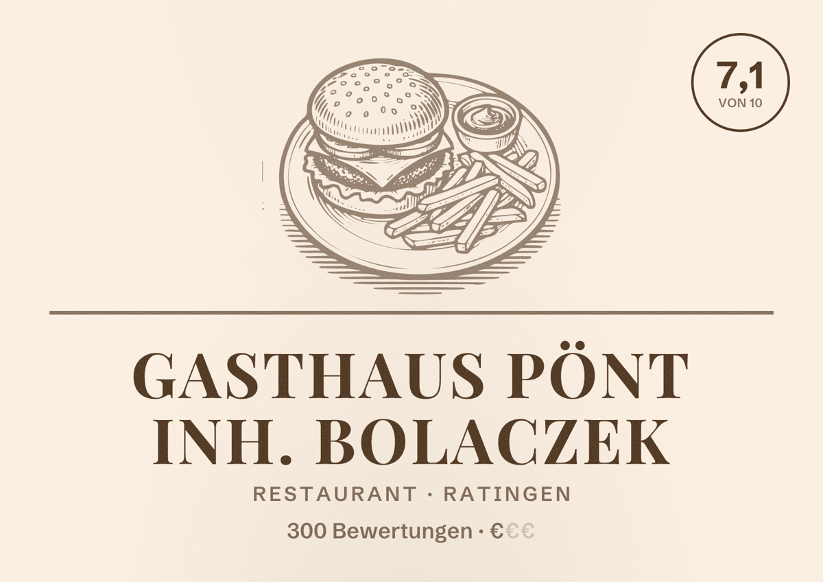 Illustriertes Poster von Gasthaus Pönt Inh. Bolaczek, Restaurant in Ratingen: Bewertung 7,1 von 10 aus 300 Bewertungen, Preisniveau €