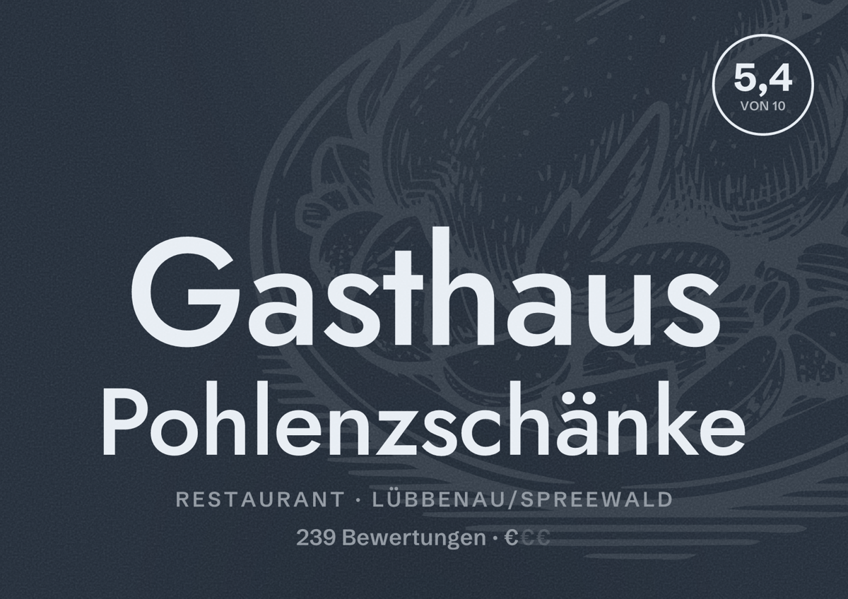 Illustriertes Poster von Gasthaus Pohlenzschänke, Restaurant in Lübbenau/Spreewald: Bewertung 5,4 von 10 aus 239 Bewertungen, Preisniveau €