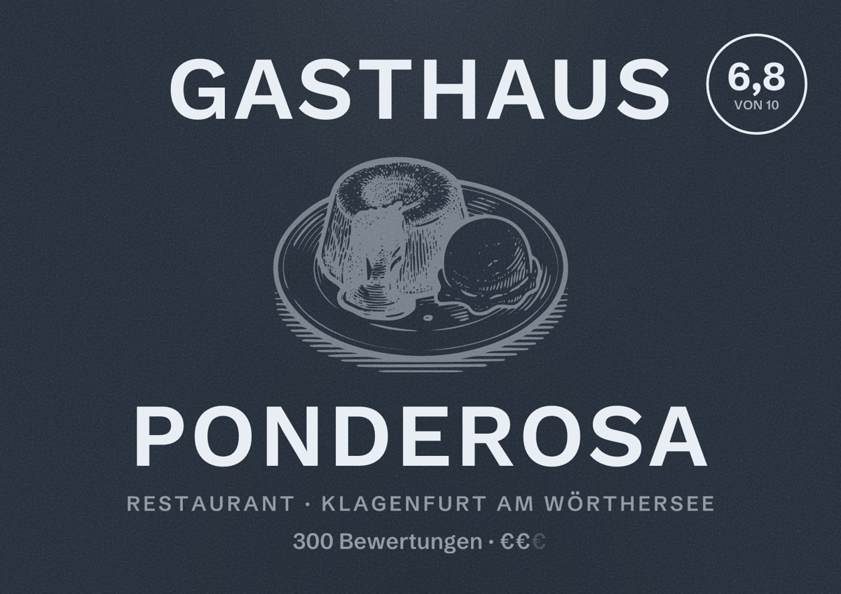 Illustriertes Poster von Gasthaus Ponderosa, Restaurant in Klagenfurt am Wörthersee: Bewertung 6,8 von 10 aus 300 Bewertungen, Preisniveau €€