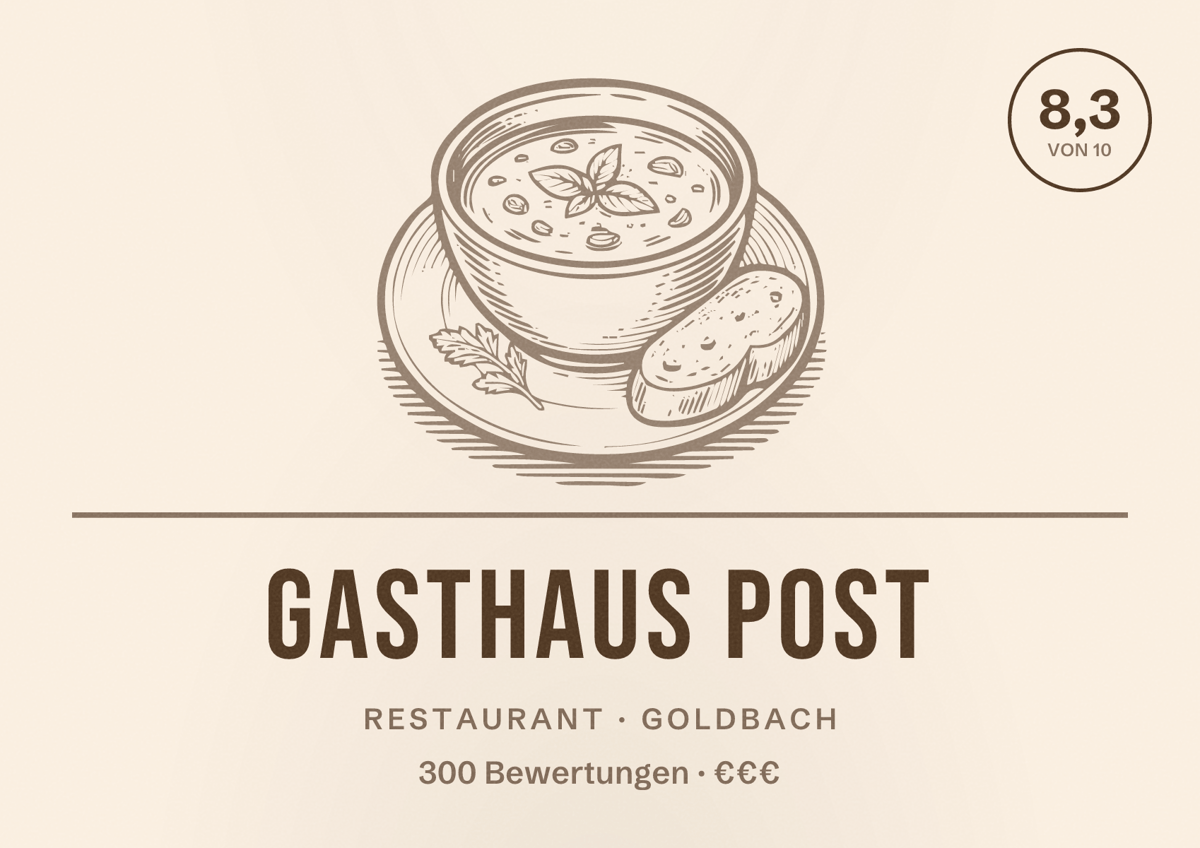 Illustriertes Poster von Gasthaus Post, Restaurant in Goldbach: Bewertung 8,3 von 10 aus 300 Bewertungen, Preisniveau €€€
