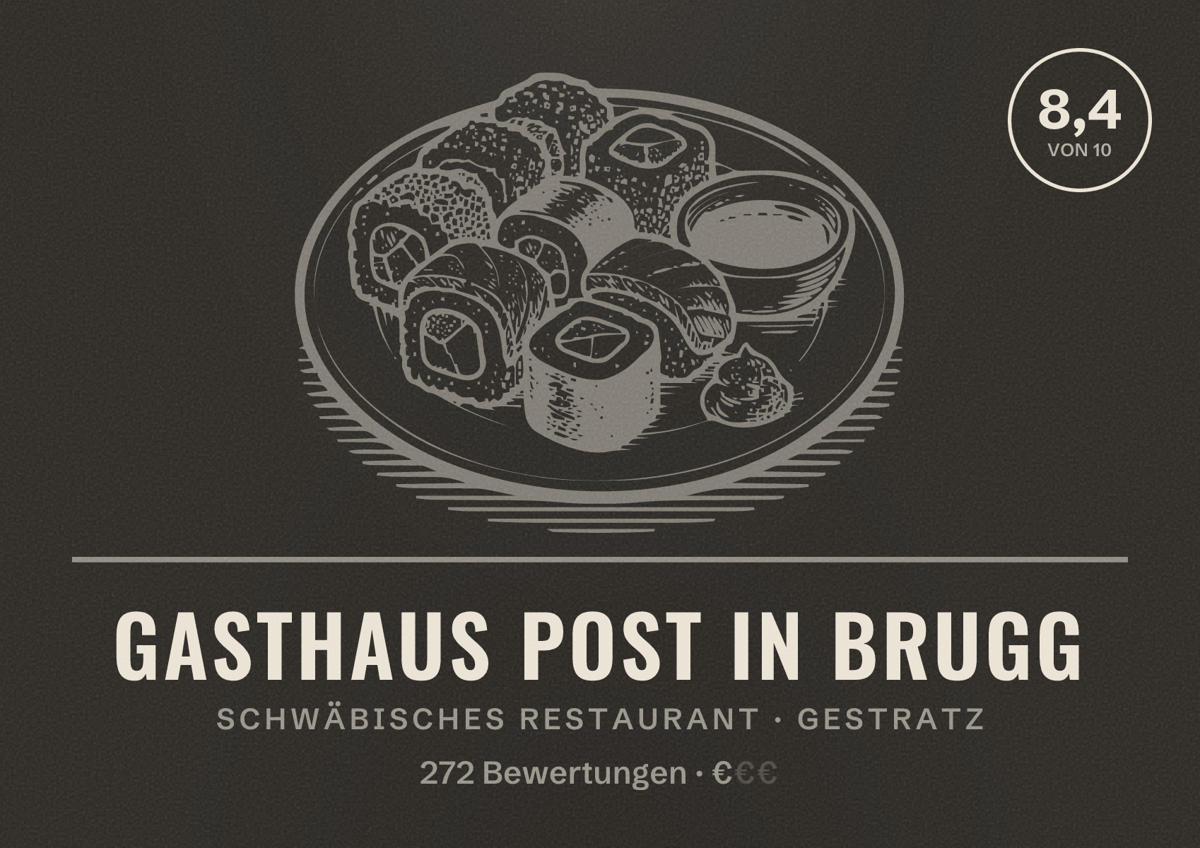 Illustriertes Poster von Gasthaus Post in Brugg, Schwäbisches Restaurant in Gestratz: Bewertung 8,4 von 10 aus 272 Bewertungen, Preisniveau €