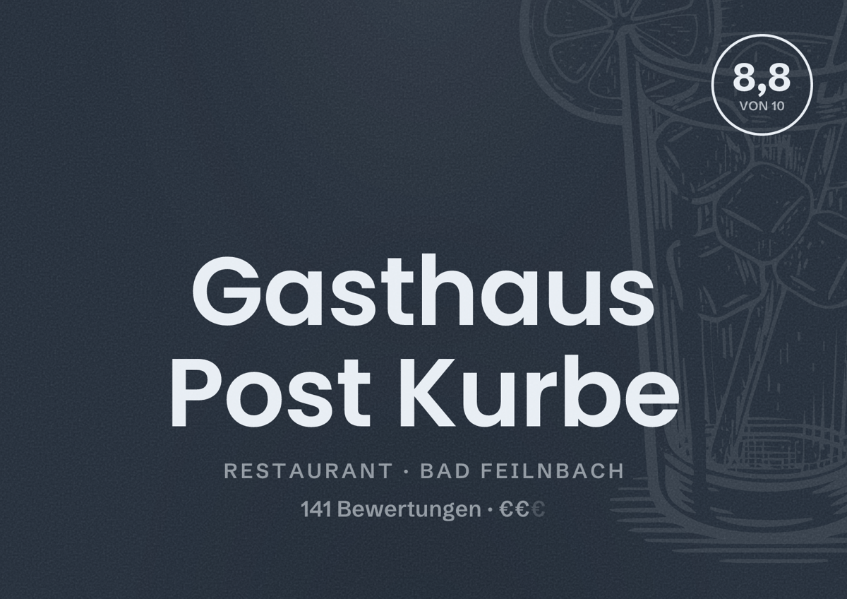 Illustriertes Poster von Gasthaus Post Kurbe, Restaurant in Bad Feilnbach: Bewertung 8,8 von 10 aus 141 Bewertungen, Preisniveau €€